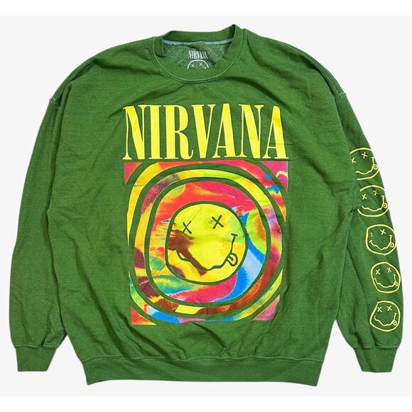 Urban Outfitters X Nirvana Oversized Sweatshirt Spiral Smile Face Green Crewneck - Picture 5 of 6